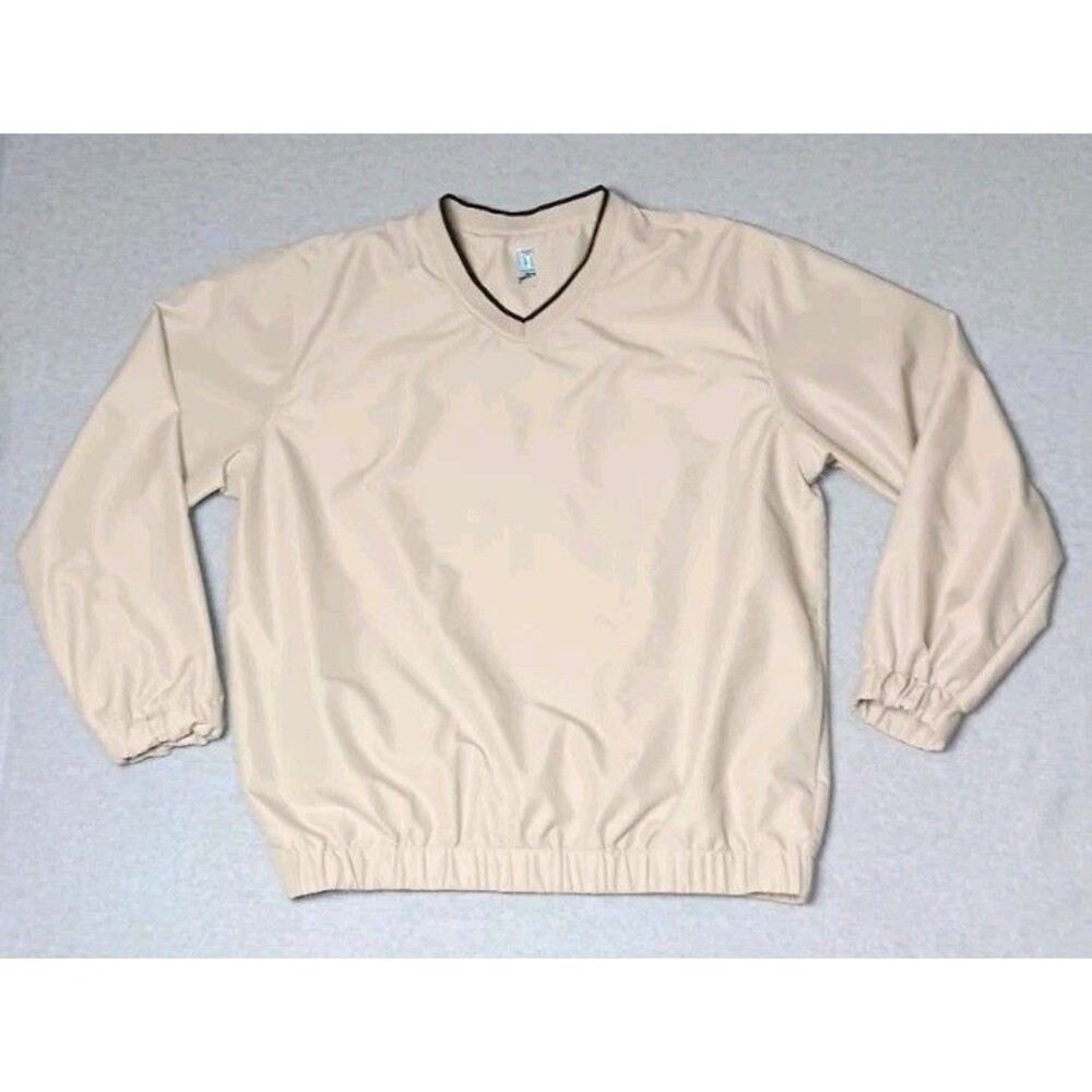 PGA Tour Pullover Windbreaker Jacket Mens Size Large Beige Black Trim Vneck...